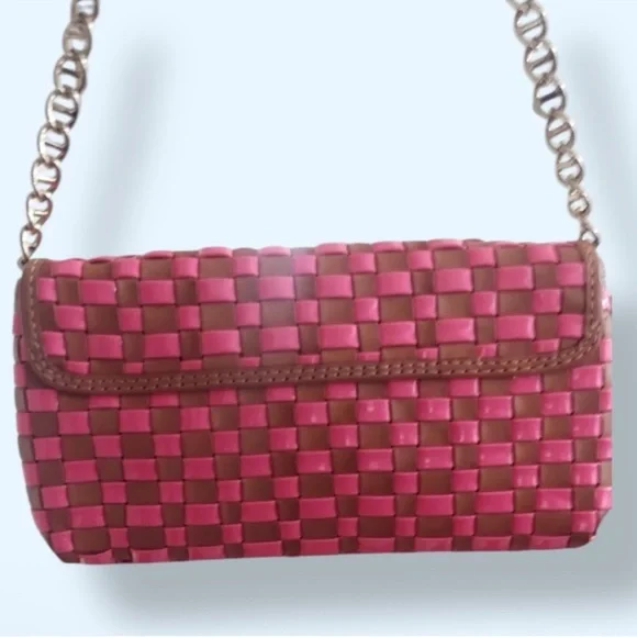 KATE SPADE VTG Pink Poly & Leather Woven Turn Lock Chain Clutch Shoulder Handbag - Picture 2 of 7